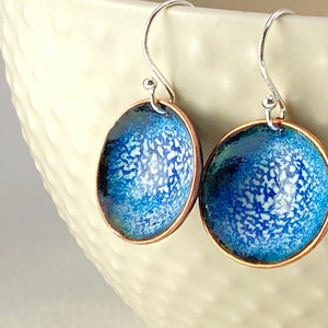 Blue enamel round drop earrings - Copper 'bowls' filled with blue & white enamel on silver hook wires
