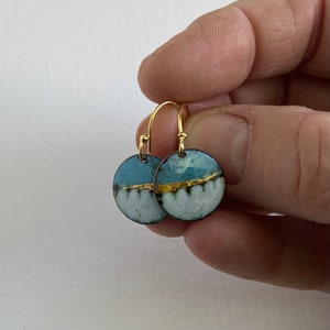 Round enamel earrings little landscapes in turquoise blue with gold. Special gift for her image 4