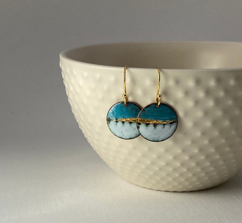 Round enamel earrings little landscapes in turquoise blue with gold. Special gift for her image 3