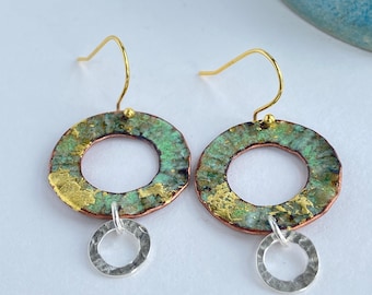 Copper enamel drop earrings in watery blue green gold with silver textured ring detail