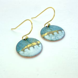 Round enamel earrings little landscapes in turquoise blue with gold. Special gift for her image 5