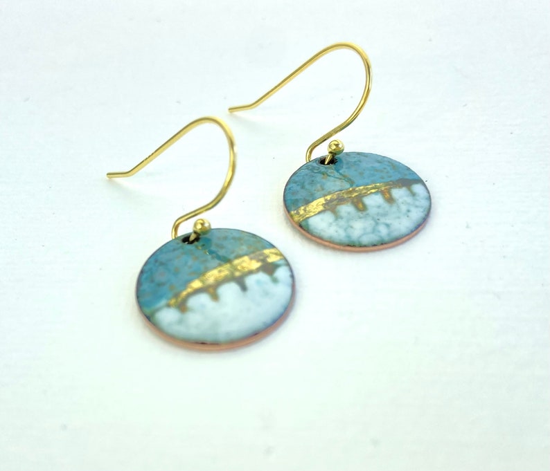 Round enamel earrings little landscapes in turquoise blue with gold. Special gift for her image 5