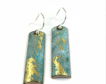 Rectangle enamel drop earrings - turquoise/gold