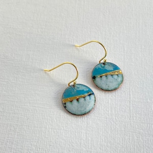 Round enamel earrings little landscapes in turquoise blue with gold. Special gift for her image 7
