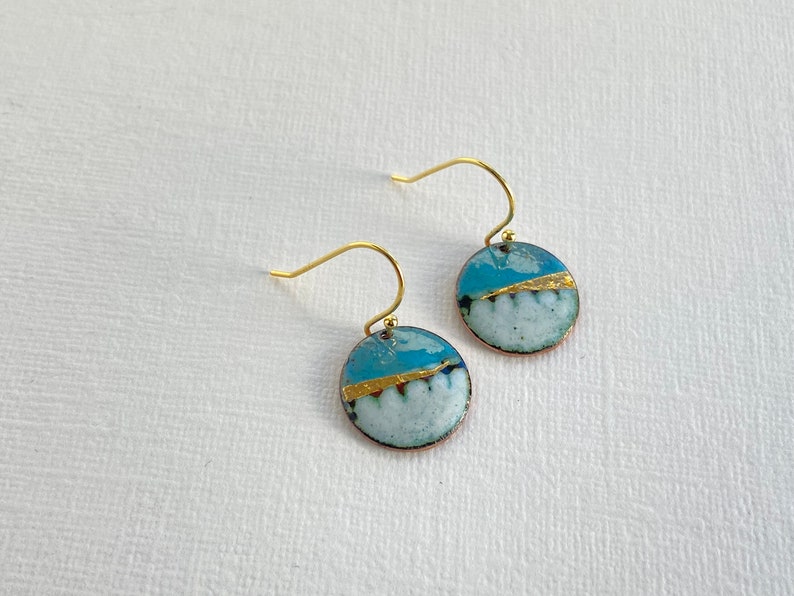 Round enamel earrings little landscapes in turquoise blue with gold. Special gift for her image 7