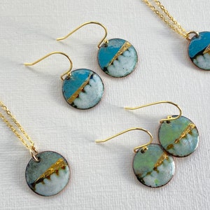 Round enamel earrings little landscapes in turquoise blue with gold. Special gift for her image 6