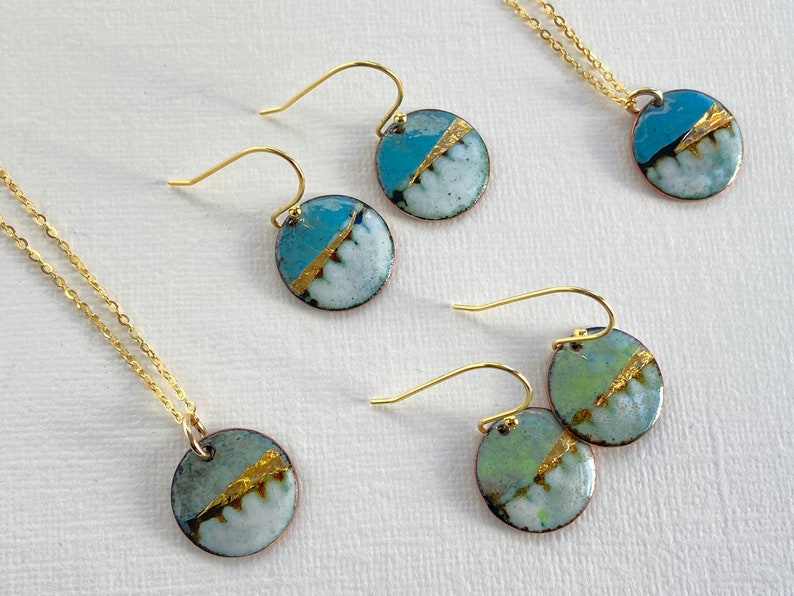 Round enamel earrings little landscapes in turquoise blue with gold. Special gift for her image 6