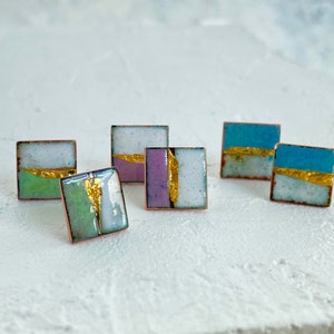 Square stud earrings enamel.  Landscape design Studs