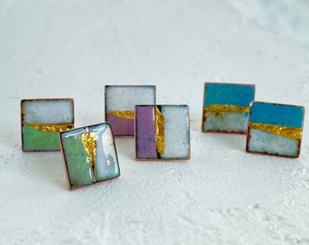 Square stud earrings enamel.  Landscape design Studs