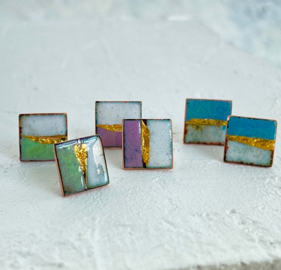 Square stud earrings enamel. Landscape design Studs