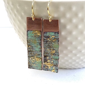 Seascape Enamel copper earrings , ripple textured rectangle blue, green,  gold drop earrings