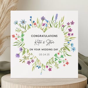 Gepersonaliseerde trouwdagkaart – ontwerp met wilde bloemen – aangepaste namen en datum – bloemen trouwkaart 6 x 6" met envelop