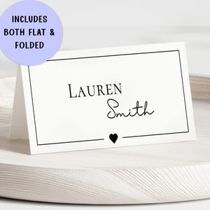 Plantilla de tarjeta de lugar de boda con corazón simple - Tarjeta de nombre imprimible, plegada y plana - Descarga digital instantánea de Canva