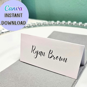 Modelo de Cartão de Lugar para Casamento Editável - Cartão de Nome Dobrável e Plano para Imprimir - Download Digital Instantâneo do Canva