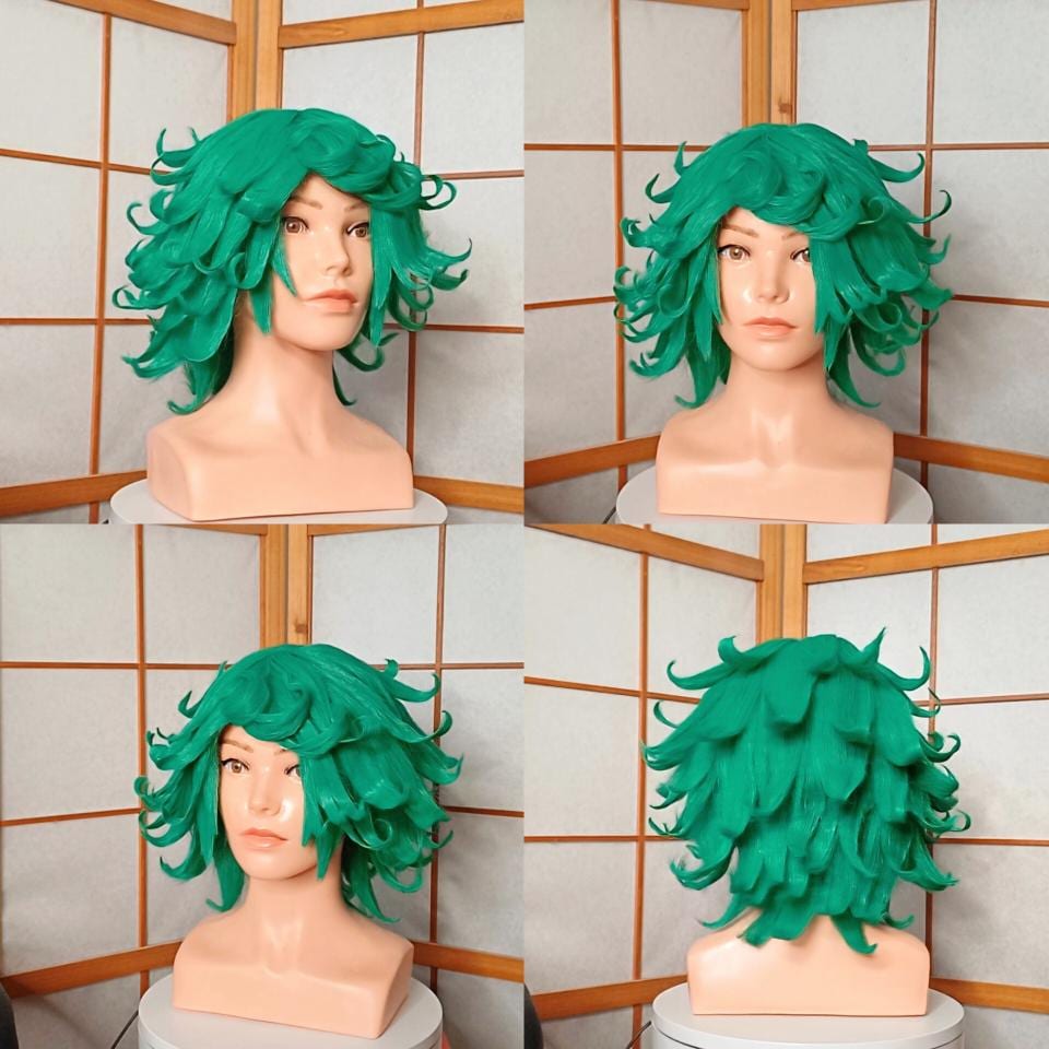 ? Coscostume Short Wavy Wig Women Green Costume Synthetic 14inches Tatsumaki Anime One Punch Man Tatsumaki Green Curly Cosplay Wigs  main image 4