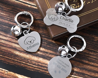 Collar grabado con cascabel para perro, antipérdida, resistente y con correa para el cuello para perros pequeños y medianos.