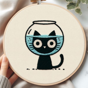 Funny Black Cat Hand Embroidery Pattern - Beginner Friendly, Step by Step PDF files with Guides, Digital DIY Craft Kit for Embroidery Lovers