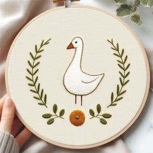 Goose in Leaves and Flowers Hand Embroidery Pattern - Beginner Friendly, PDF files with Guides, Digital DIY Craft Kit for Embroidery Lovers
