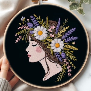 Woman with a Wreath Hand Embroidery Pattern - Intermediate, Step-by-Step PDF files with Guides, Digital DIY Craft Kit for Embroidery Lovers