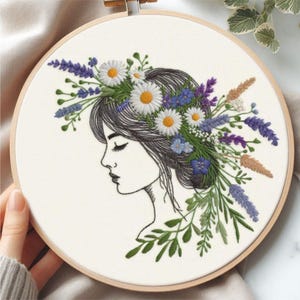 Woman with a Wreath Hand Embroidery Pattern - Intermediate, Step-by-Step PDF files with Guides, Digital DIY Craft Kit for Embroidery Lovers