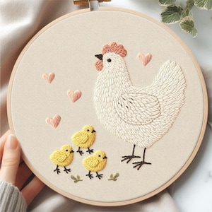Chicken and Chicks Love Hand Embroidery Pattern - Beginner Friendly, PDF files with Guides, Digital DIY Craft Kit for Embroidery Lovers