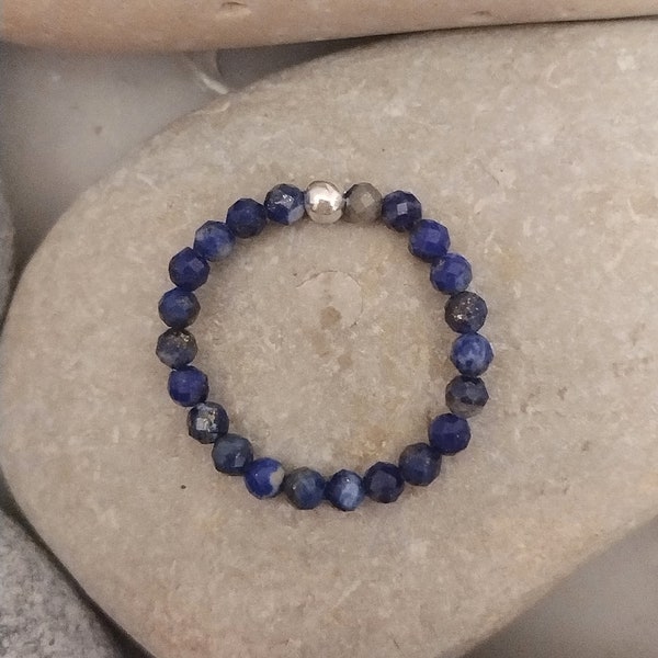Bague en Lapis Lazuli l Bague élastique en perles facettées de pierre naturelle de lapis lazuli l Anneau perlé en lapis lazuli, anti stress