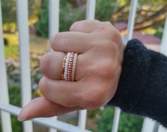 4 cute stackable rings golden and white l Delicate elastic rings, tiny beads Czech glass and Miyuki l Christmas gifts l Discount price ring