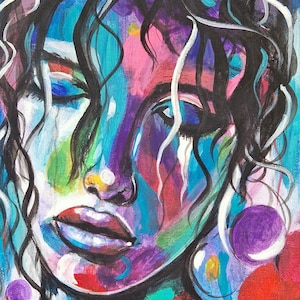 Peinture acrylique, Portrait, Femme, Expressif, Couleurs vives, Émotion, Toile, Original, Harmonieux, Salon, Art moderne
