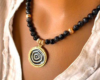 Handmade Labradorite Gemstone Beaded Necklace with Enamel Gold Pendant, Bohemian Jewelry for Women