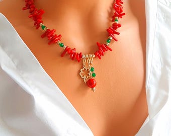 Natural Coral Stone Necklace with Clover Pendant | Handmade Red Green Jewelry | Lucky Charm Necklace