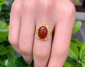 14k Carnelian Ring - Solid Gold Oval Red Agate - Minimalist Handmade Gift