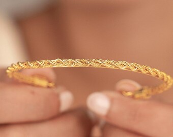 Adjustable 14K Solid Gold Rope Cuff Bracelet – Bold Twisted Chain Bangle, Real Gold Statement Jewelry for Her