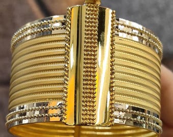 Bold Wide Woven 14k Gold Bangle Bracelet for Women - Statement Multi Strand Cuff - Heavy Solid Style Jewelry Gift