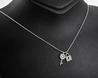 Silver Lock and Key Pendant Necklace, Zircon Crystal Charm Necklace, Unique Jewelry Gift for Her, Dainty and Elegant Necklace