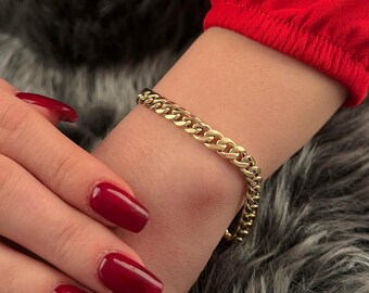 14K Gold Cuban Chain Bracelet – Solid Gold Unisex Bracelet, Thick Gold Chain, Classic Cuban Link Jewelry, Gift for Him & Her