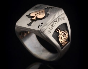 Spade Ace Silver Ring for Men – Statement Gothic Poker Ring, Ace of Spades Ring, Casino-Inspired Handmade Jewelry