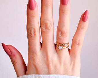 Opal Heart Ring with Zircon Accent | Romantic Gold Tone Double Band Ring | Minimalist Gift for Her | Adjustable Size