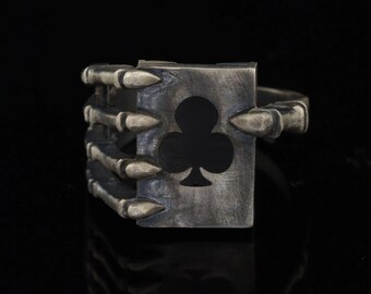 Skeleton Hand Holding Club Card Ring – 925 Sterling Silver Gothic Poker Ring – Symbol of Passion, Career & Victory