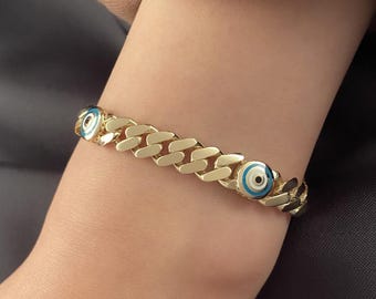 14K Gold Evil Eye Curb Bracelet – Solid Gold Protection Bracelet, Turkish Lucky Eye Jewelry, Dainty Gold Chain Bracelet, Gift for Her