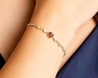 Garnet Heart Bracelet – 18K Gold Plated Sterling Silver, Dainty Adjustable Tennis Bracelet, CZ Gemstone Jewelry, Gift for Her
