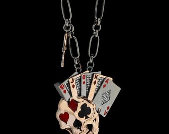 Skull Poker Necklace – Royal Flush Pendant for Gamblers, 925 Sterling Silver Handmade Gift