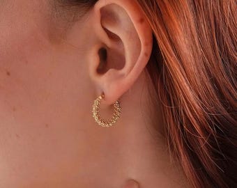 14k Solid Gold Hoop Earrings - Dorica Beaded Gold Hoops for Women - Handmade Elegant Jewelry Gift