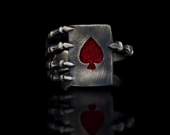 Skeleton Spade Ring – 925 Silver Gothic Poker Ring, Handmade Ace of Spades Jewelry, Death Card Ring, Skull Hand Ring for Men