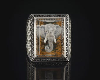 Luxury Elephant Ring with Real Diamonds – Limited Edition Statement Ring for Men – Unique Hand-Carved Jewelry Art
