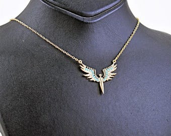 Gold Angel Wing Necklace with Blue and White Crystals, Dainty Pendant Necklace, Angelic Jewelry, Affordable Gift for Her