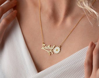 Flower Name Necklace, Gold Plated, 925 Sterling Silver, 14k Gold, Personalized Custom Jewelry