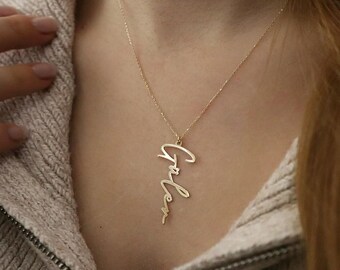 Personalized Vertical Name Necklace, Gold Plated, Sterling Silver, 14k Gold, Custom Name Jewelry