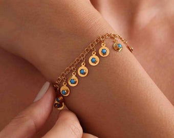 14k Solid Gold Bracelet with Blue Beads and Discs – Elegant and Minimalist Jewelry