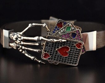 Skeleton Hand Playing Cards Bracelet – Gothic Poker Leather Wristband for Men – Gambler Gift, Skull Hand Jewelry, Casino Style Cuff