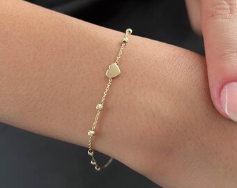14K Gold Heart Beaded Bracelet – Dainty Solid Gold Chain, Dorica Beads Bracelet, Adjustable Gold Bracelet, Minimalist Jewelry, Gift for Her